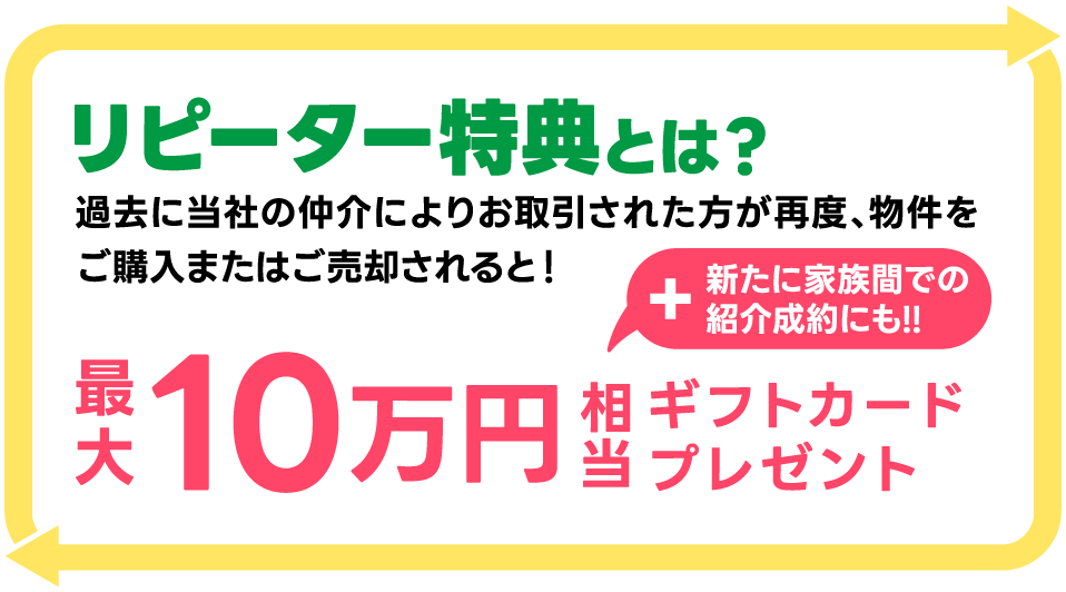 リピーター特典とは？｜過去に当社の仲介によりお取引された方が再度、物件をご購入またはご売却されると！プラス新たに家族間での紹介成約にも!!最大10万円相当をプレゼント!